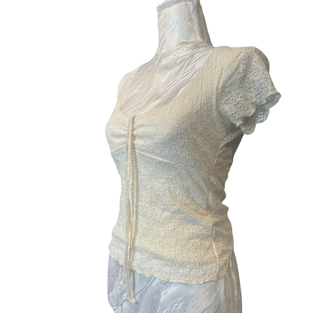 Cream Lace Fitted Scoop Neck Cap Sleeve Tassel Top XS - Picture 3 of 16